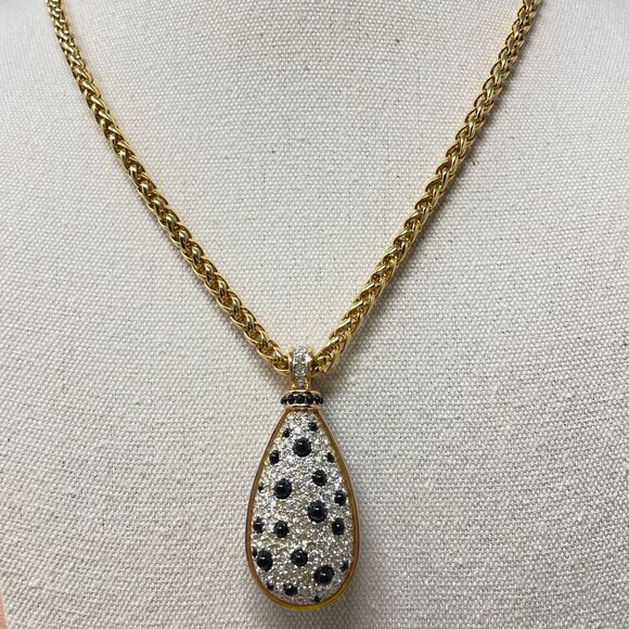 Gold Rope Chain Necklace With Reversible Teardrop Pendant Black & White Crystals - Picture 1 of 9